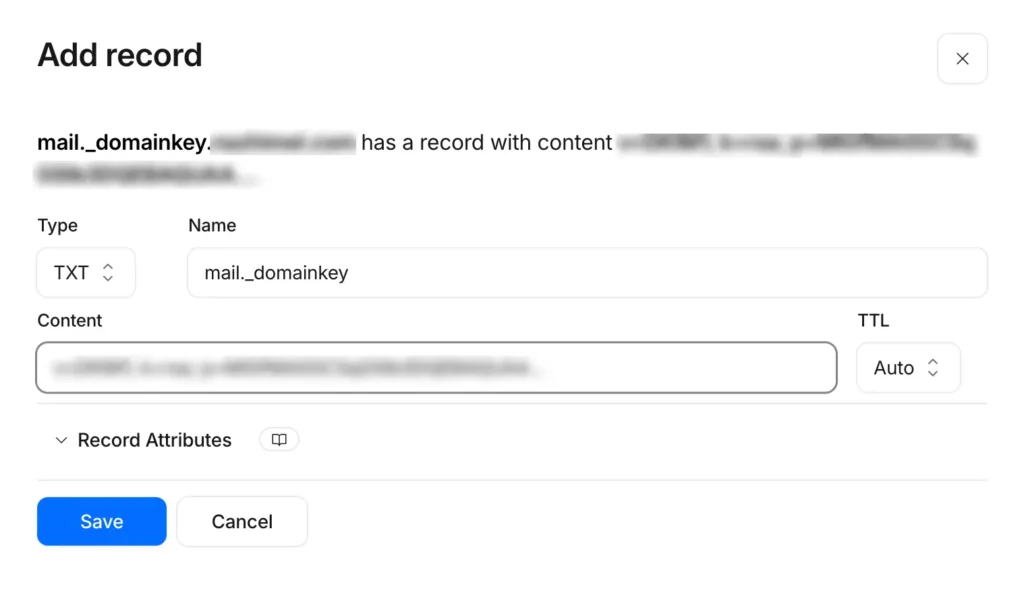 Screenshot of 'Add record' form for DNS TXT entry.