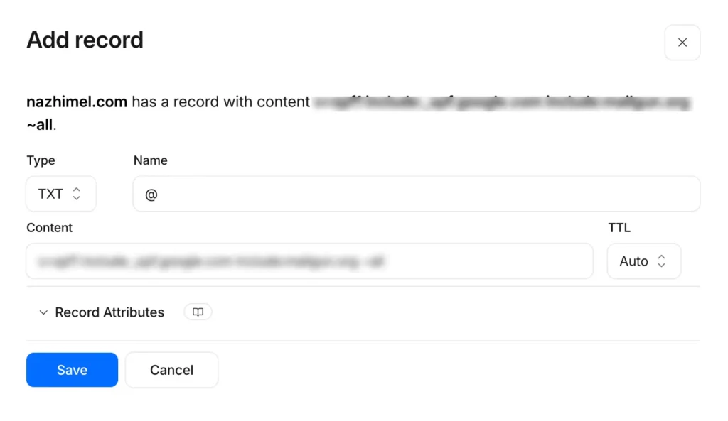 Web interface for adding a TXT record for nazhimel.com.