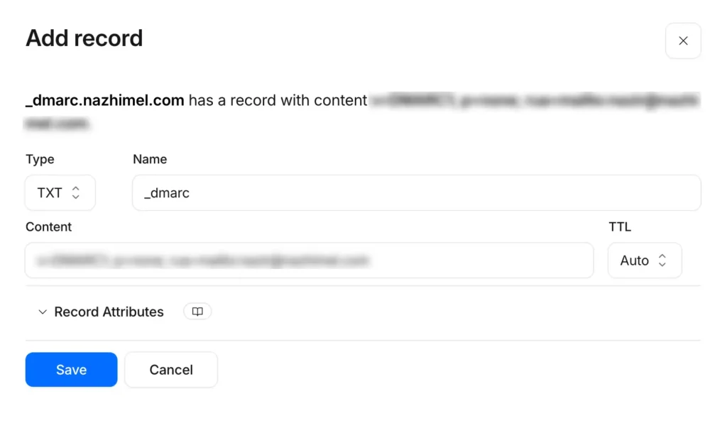 Screenshot of a DNS record creation form for a DMARC TXT entry.