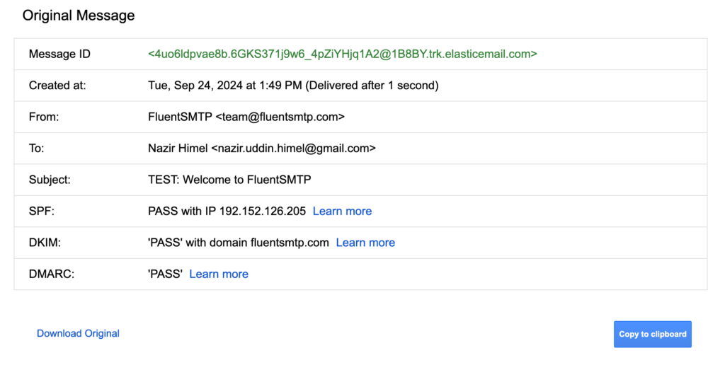 Email message details showing successful SPF, DKIM, DMARC authentication.