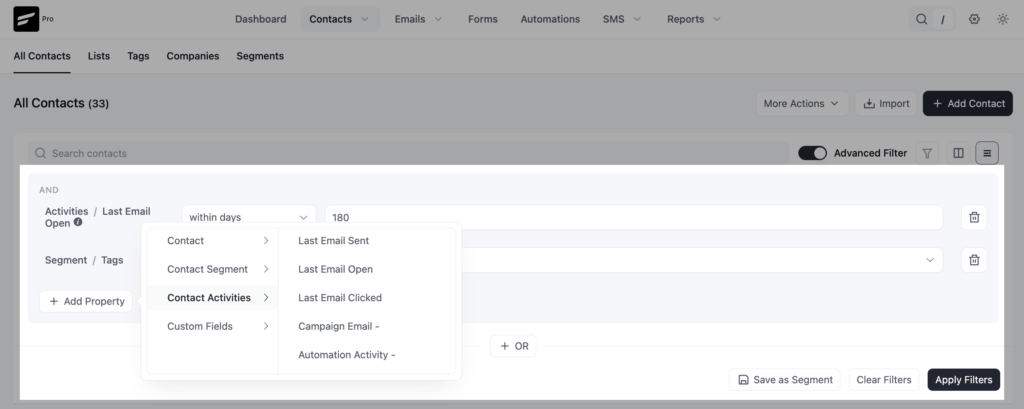 CRM advanced filter for contacts based on email activity.