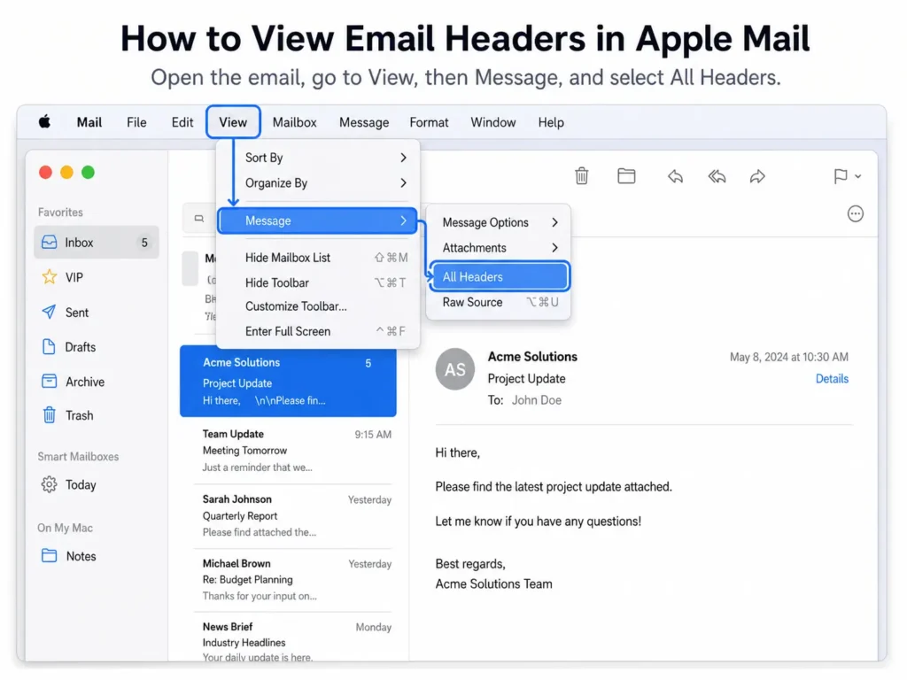 Apple Mail menu showing how to view email headers.