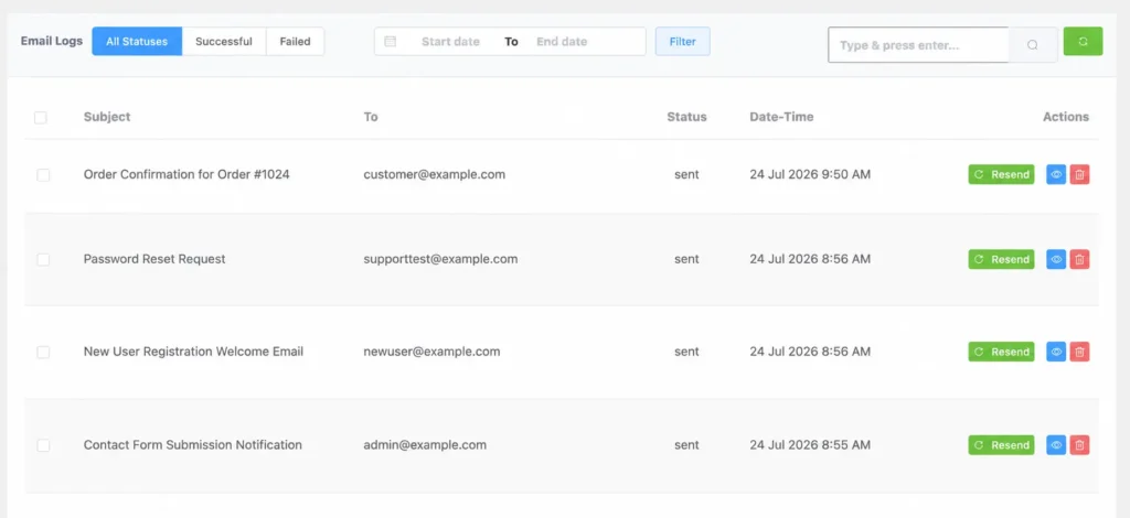 Email logs dashboard displaying sent messages and actions.