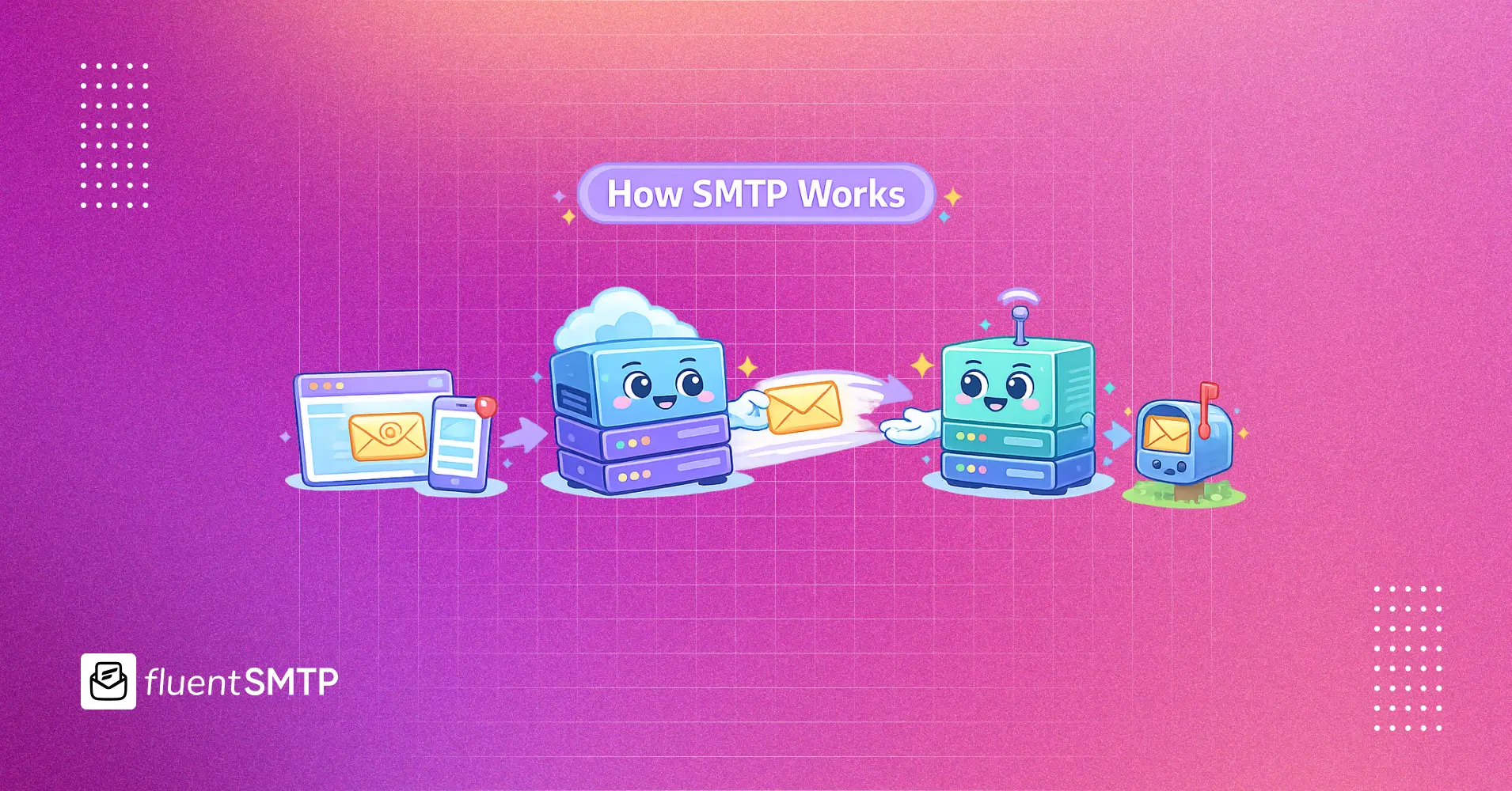 Cartoon illustration explaining how SMTP email delivery works.