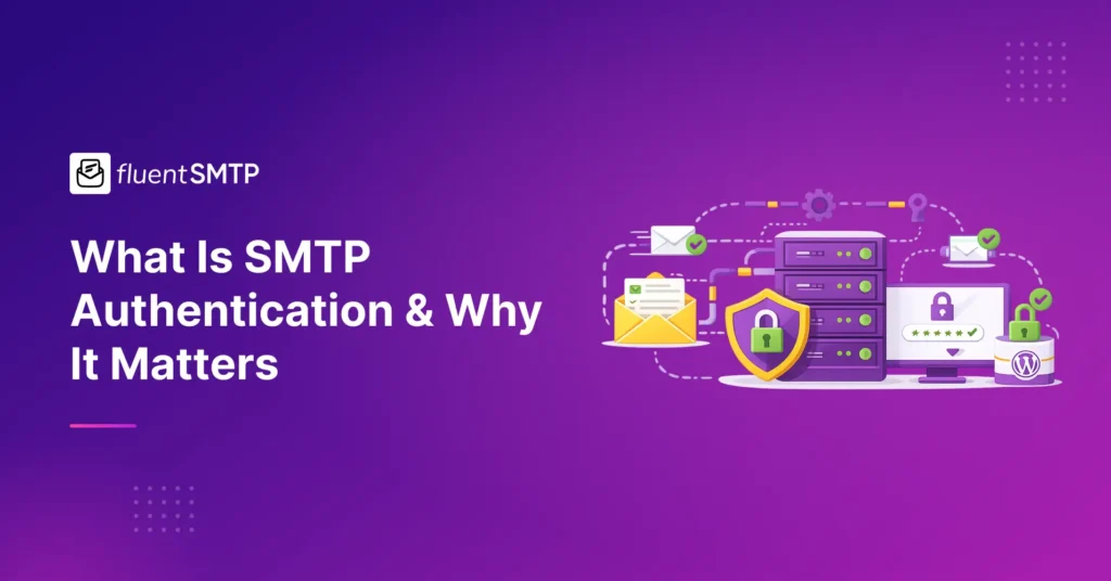 Illustration depicting SMTP authentication, server security, and secure email delivery.