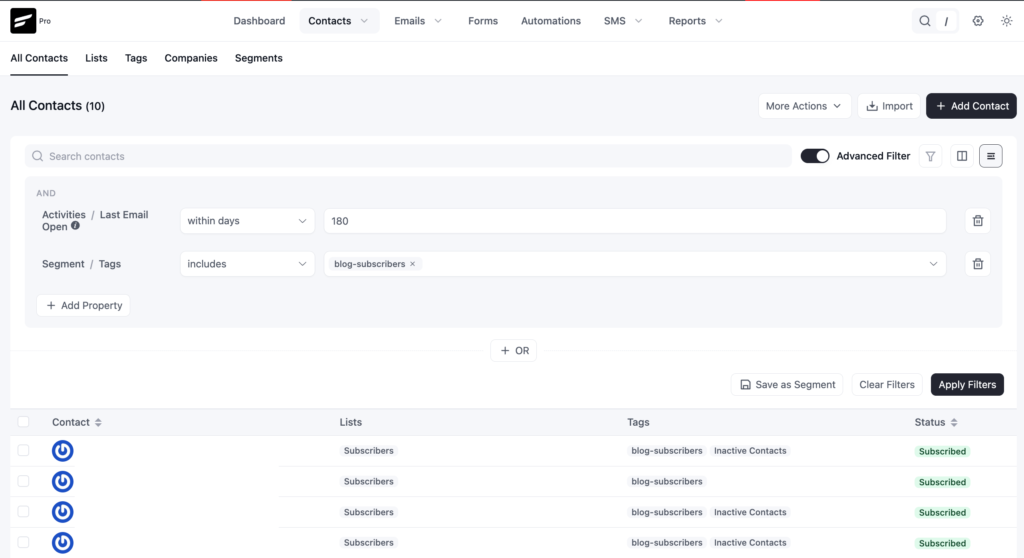 CRM contact list with advanced email activity and tag filters.