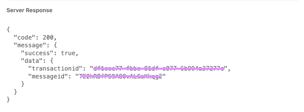 Successful server response JSON with transaction and message IDs.