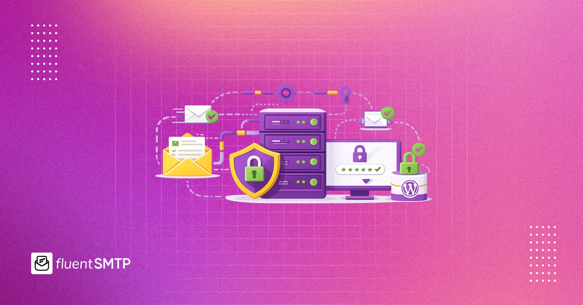 Email and WordPress security illustration with server, shield, and locks.