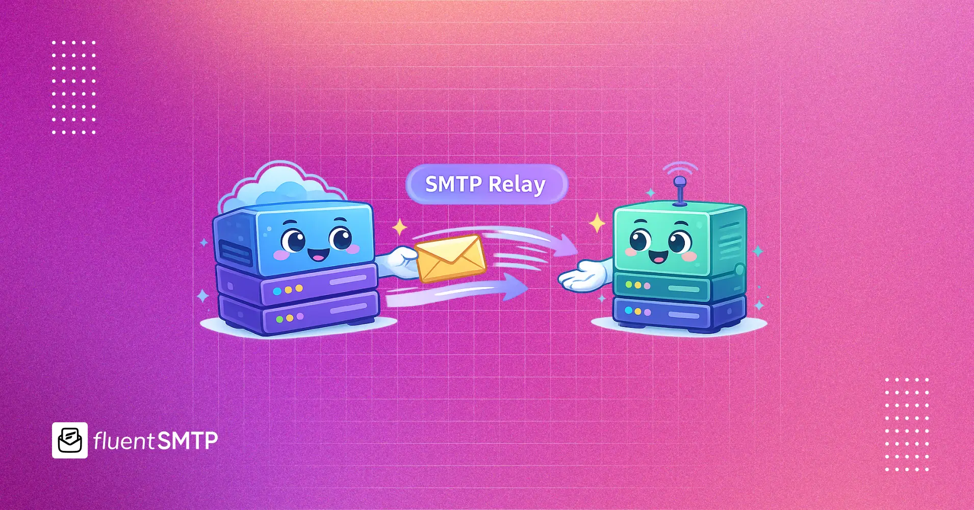 Cartoon servers demonstrating SMTP email relay with an envelope.