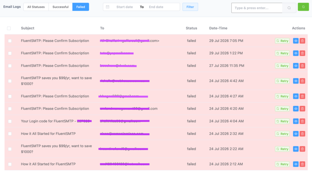 Failed email logs in an email management interface.