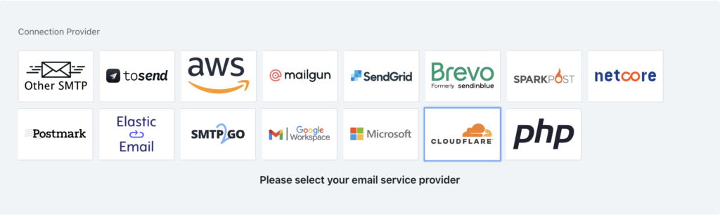 Email service provider selection with logos, Cloudflare highlighted.