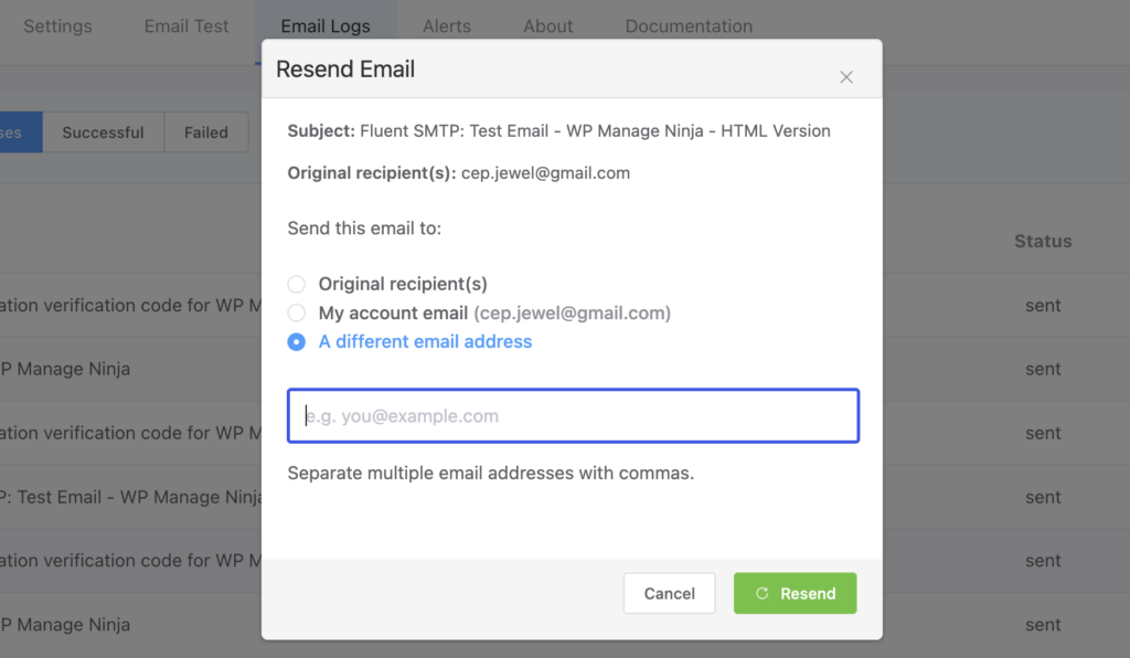 Resend Email modal with 'different email address' selected.