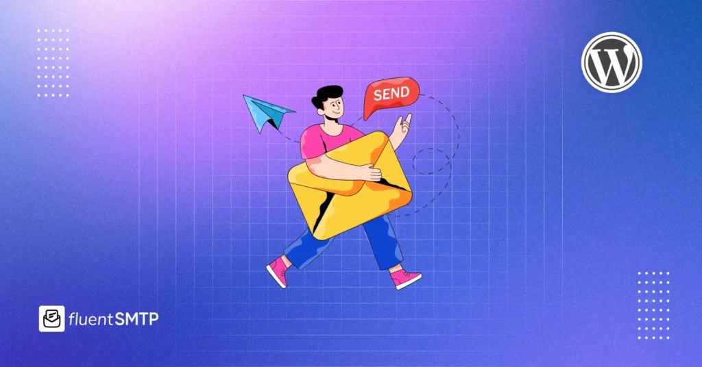 Cartoon man sending email with Fluent SMTP on WordPress.