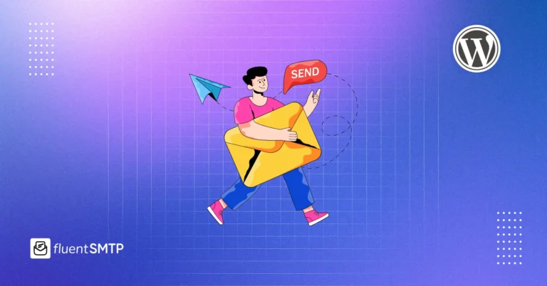 Cartoon man sending email with Fluent SMTP on WordPress.