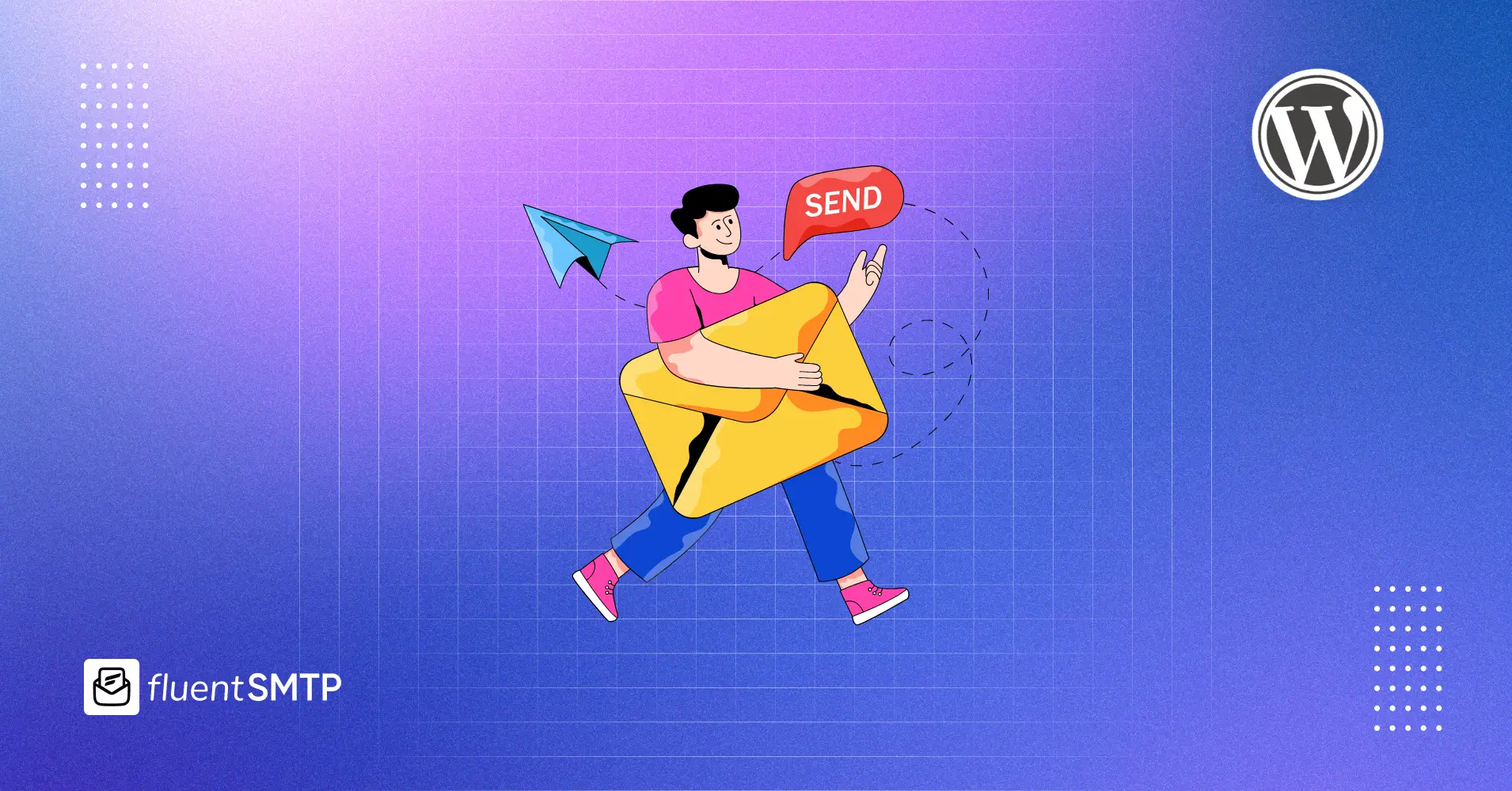 Cartoon man sending email with Fluent SMTP on WordPress.