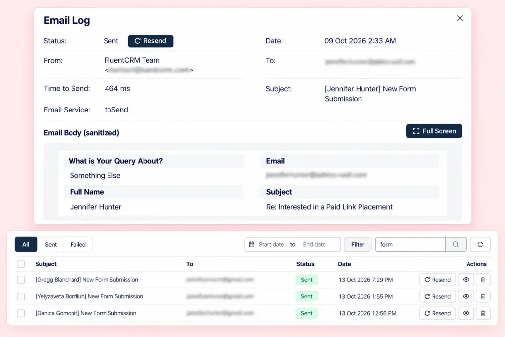CRM email log showing sent email details and message list.
