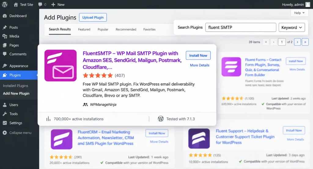 WordPress 'Add Plugins' page displaying FluentSMTP search results.