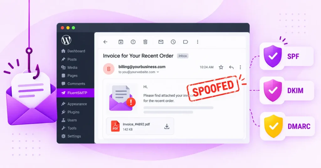 Phishing email spoofing warning with SPF, DKIM, DMARC security.
