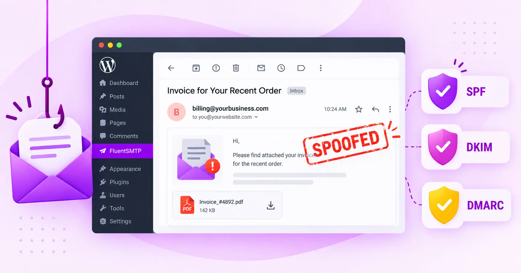 Phishing email spoofing warning with SPF, DKIM, DMARC security.